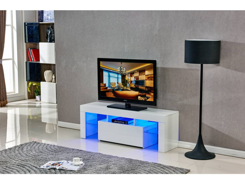 Mebel pod telewizor "Borda" z podświetleniem LED - 130 x 34 x 45 cm - Biała lakierowana