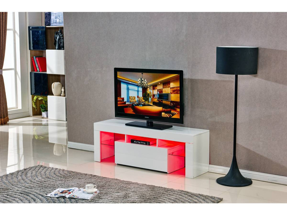 Mebel pod telewizor "Borda" z podświetleniem LED - 130 x 34 x 45 cm - Biała lakierowana