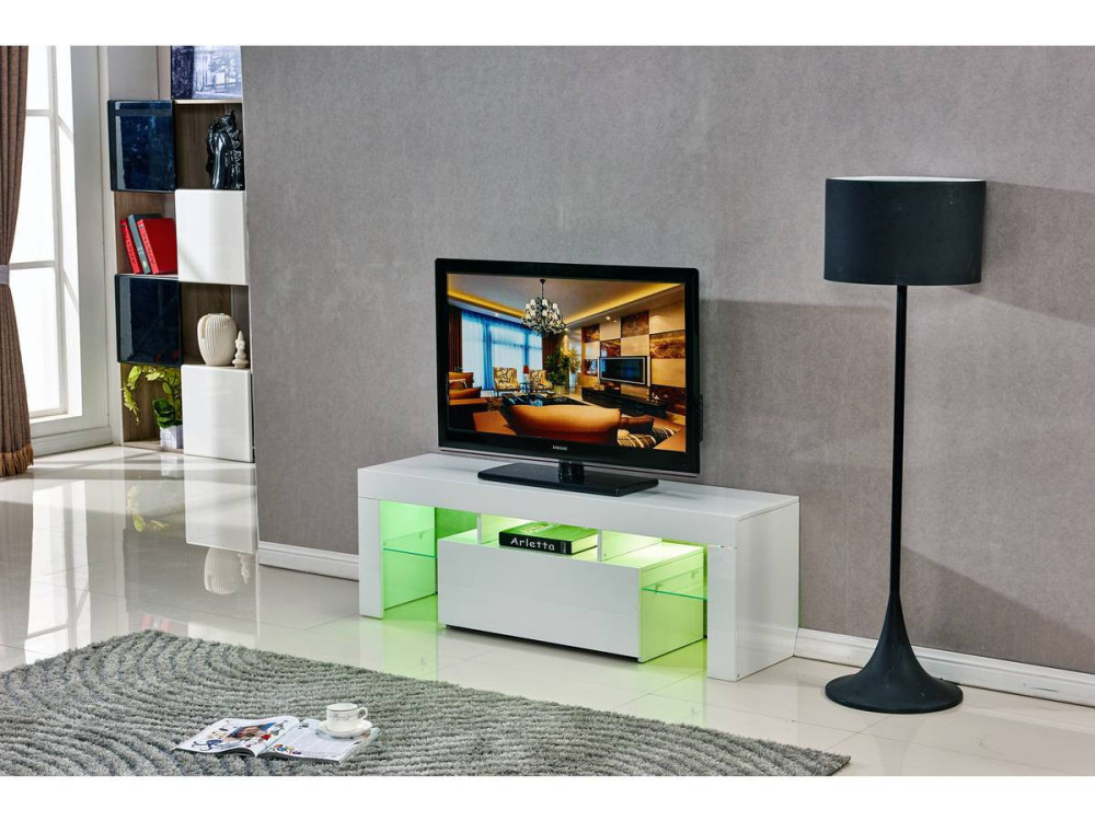 Mebel pod telewizor "Borda" z podświetleniem LED - 130 x 34 x 45 cm - Biała lakierowana