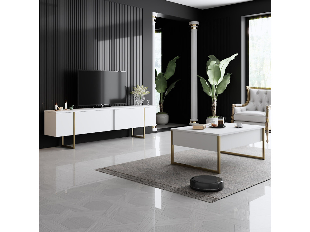 Drewniana podstawa pod telewizor "Luxe" - 180 x 30 x 50 cm - Białe złoto
