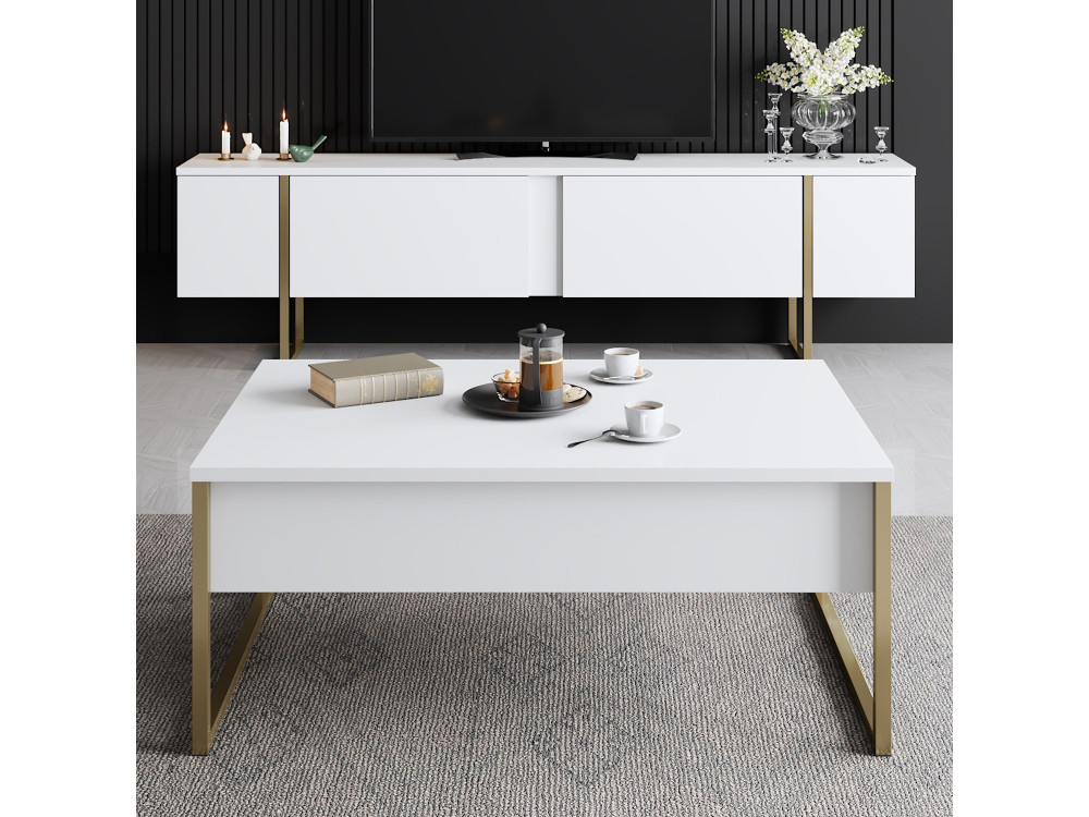 Drewniana podstawa pod telewizor "Luxe" - 180 x 30 x 50 cm - Białe złoto