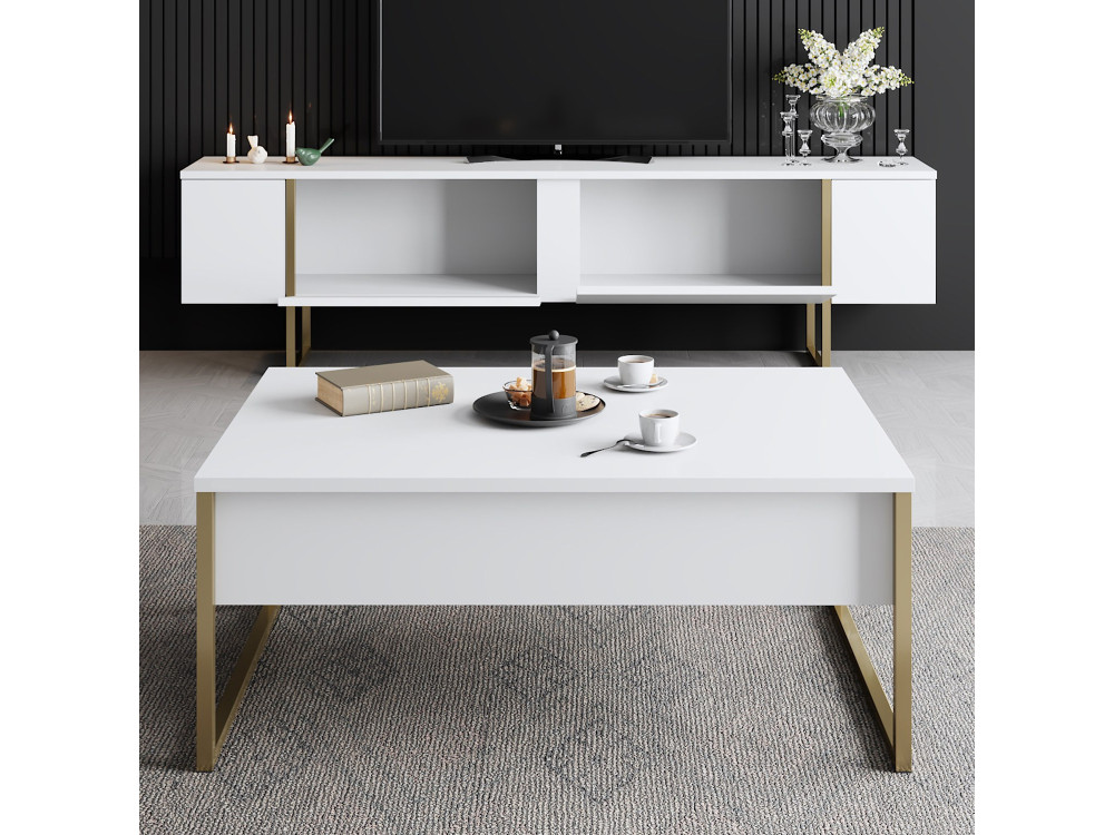 Drewniana podstawa pod telewizor "Luxe" - 180 x 30 x 50 cm - Białe złoto