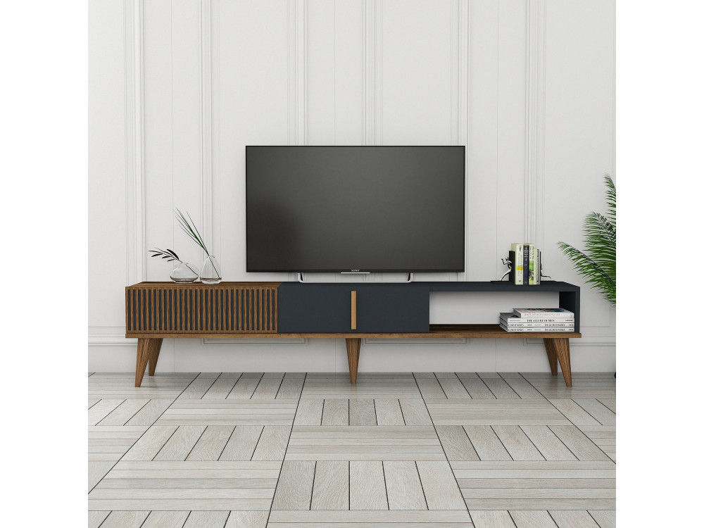 Drewniana podstawa pod telewizor "Milan" - 180 x 35 x 40 cm - Orzech, Antracyt
