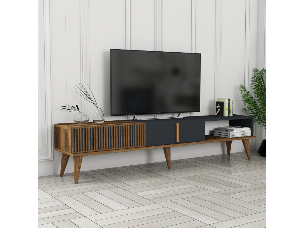 Drewniana podstawa pod telewizor "Milan" - 180 x 35 x 40 cm - Orzech, Antracyt