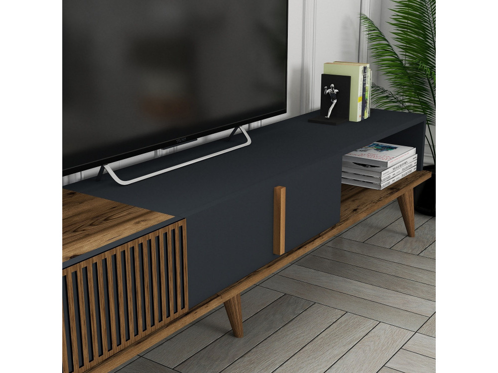 Drewniana podstawa pod telewizor "Milan" - 180 x 35 x 40 cm - Orzech, Antracyt