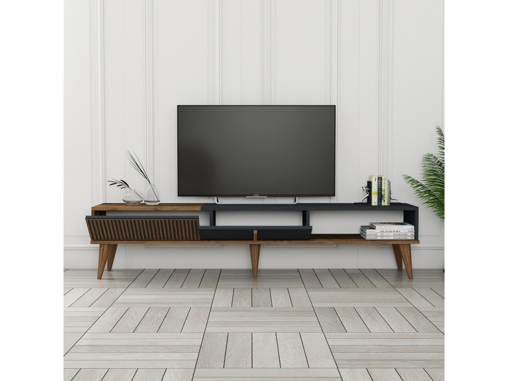 Drewniana podstawa pod telewizor "Milan" - 180 x 35 x 40 cm - Orzech, Antracyt