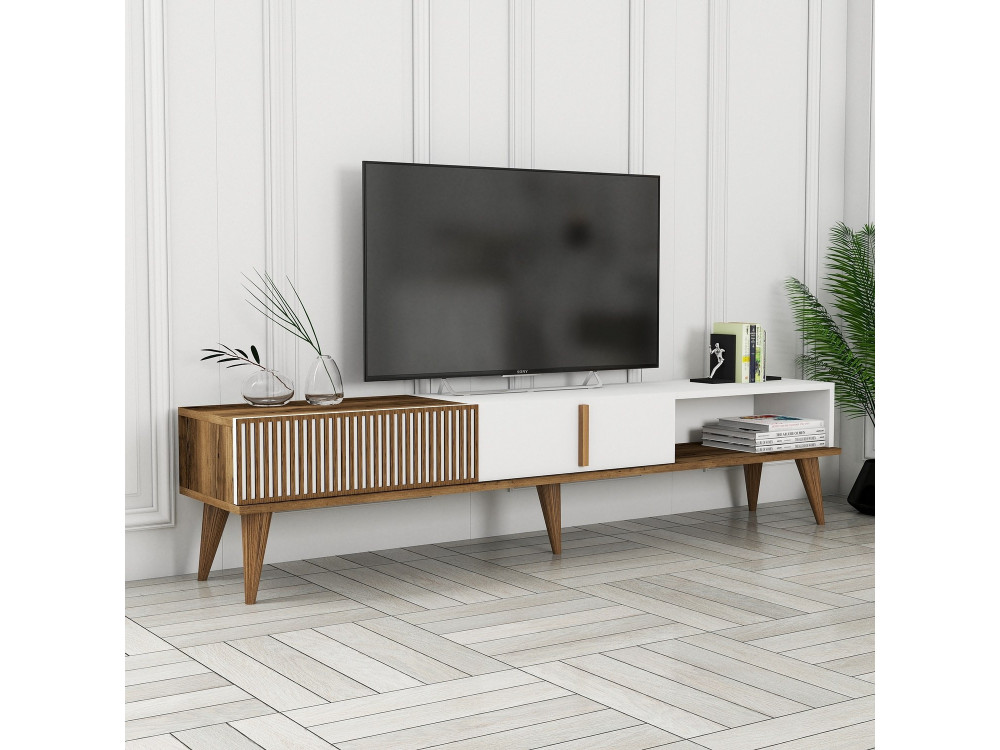 Drewniany stojak TV "Milan" - 180 x 35 x 40 cm - Orzech, Biały