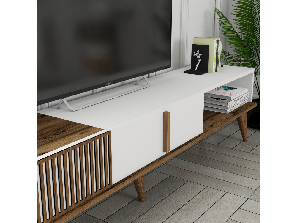 Drewniany stojak TV "Milan" - 180 x 35 x 40 cm - Orzech, Biały