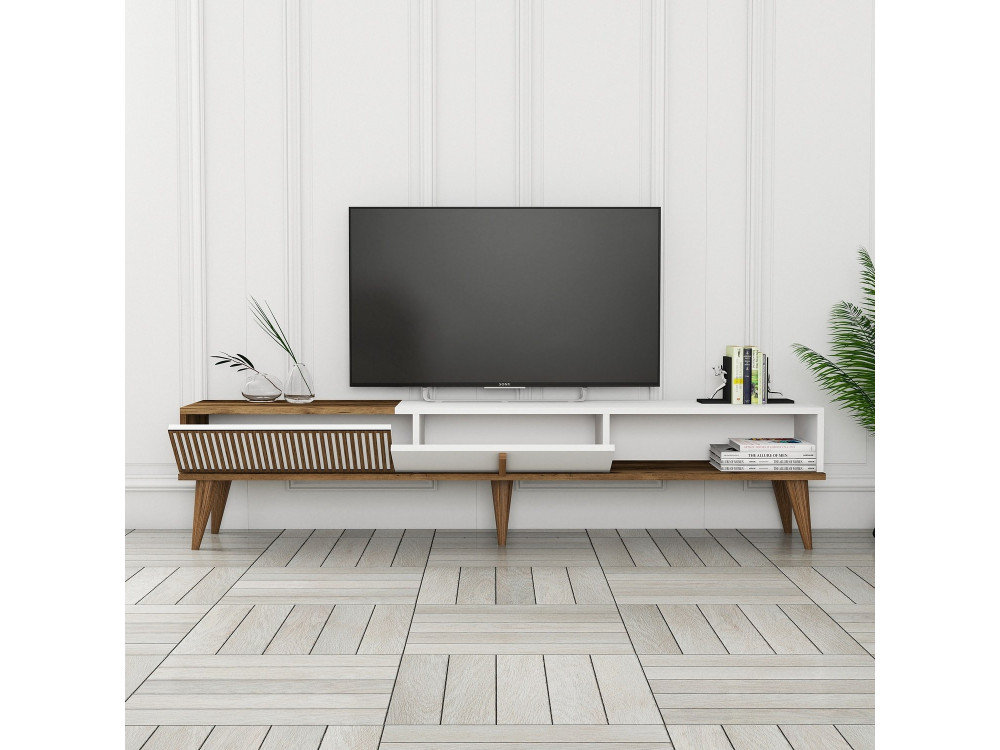 Drewniany stojak TV "Milan" - 180 x 35 x 40 cm - Orzech, Biały