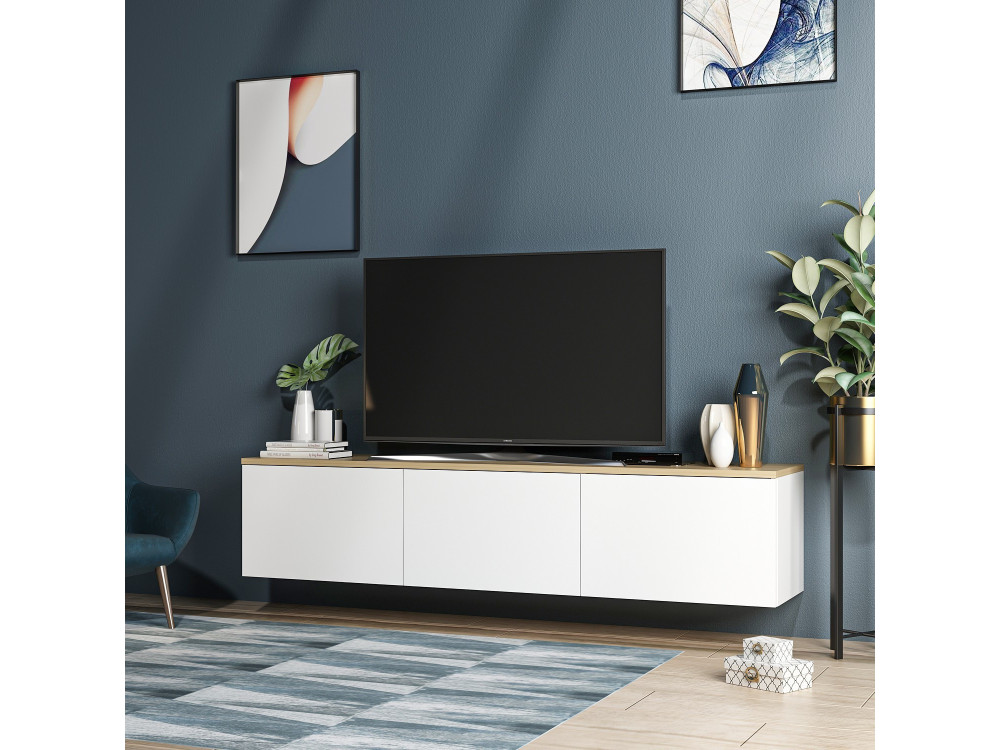 Drewniana podstawa pod telewizor "Neon" - 160 x 32 x 35 cm - Biały dąb