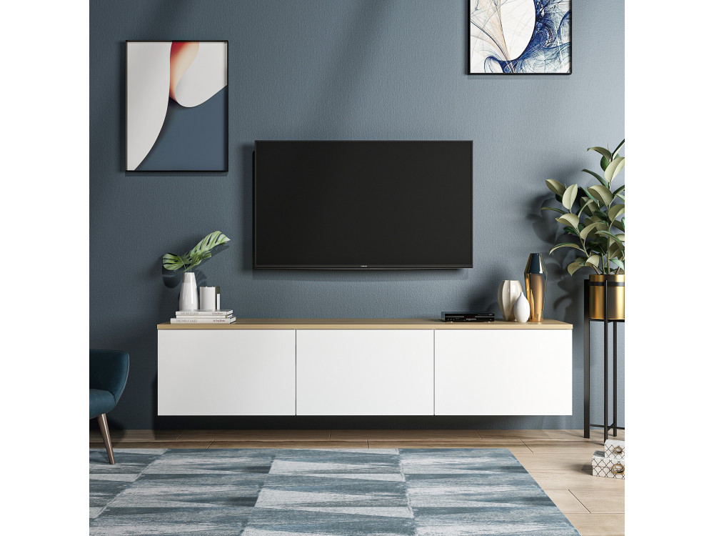 Drewniana podstawa pod telewizor "Neon" - 160 x 32 x 35 cm - Biały dąb