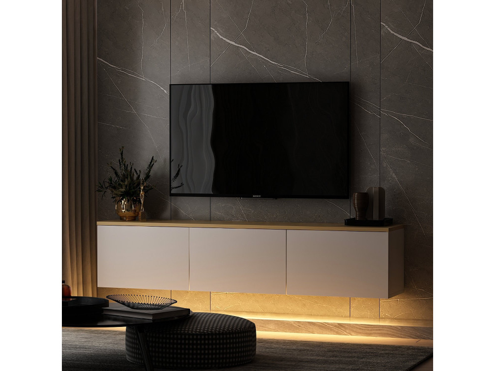 Podwieszany drewniany telewizor "Neon" z oświetleniem LED - 160 x 32 x 35 cm - Biały