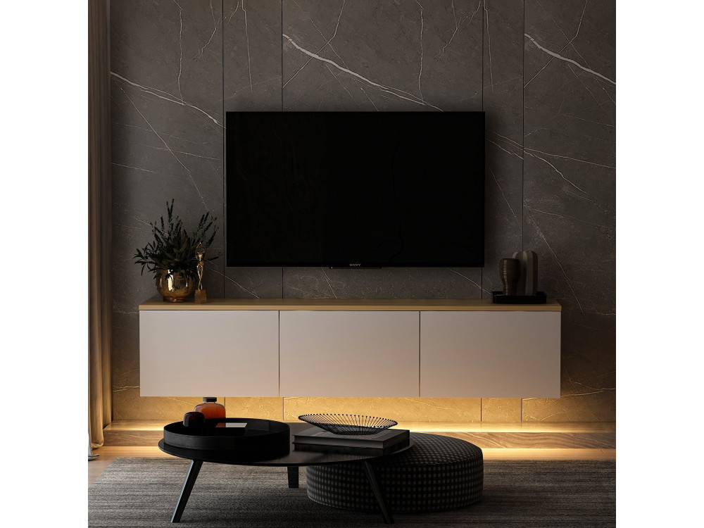 Podwieszany drewniany telewizor "Neon" z oświetleniem LED - 160 x 32 x 35 cm - Biały