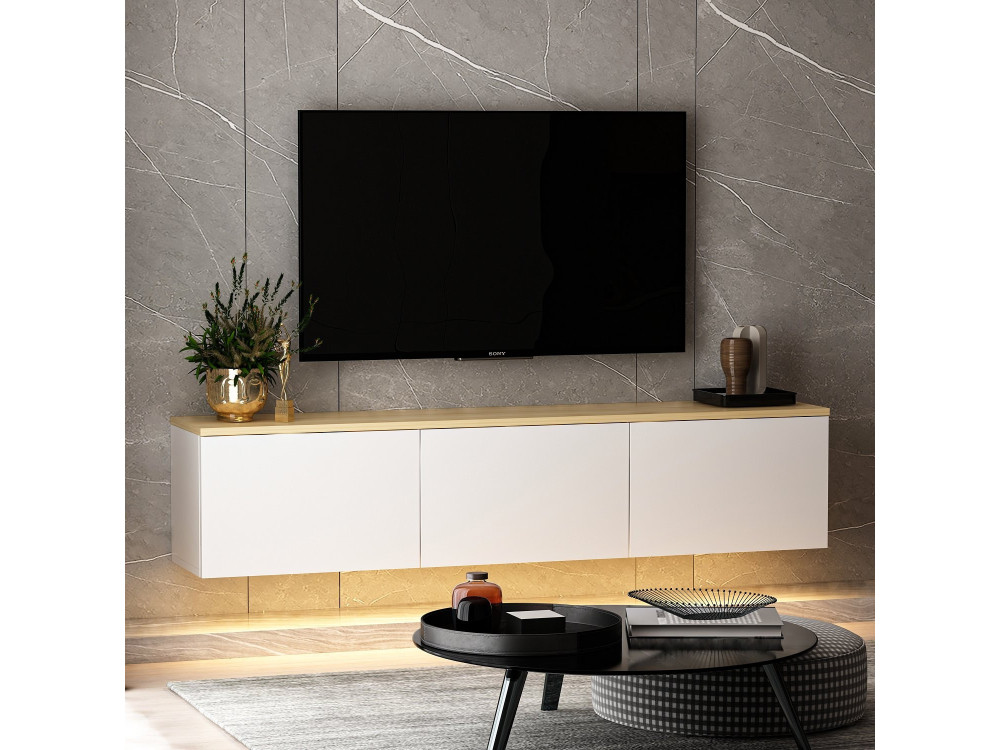 Podwieszany drewniany telewizor "Neon" z oświetleniem LED - 160 x 32 x 35 cm - Biały