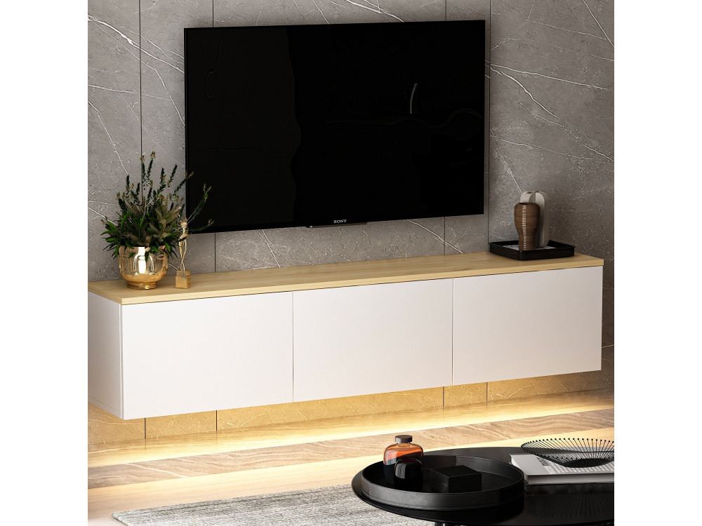 Podwieszany drewniany telewizor "Neon" z oświetleniem LED - 160 x 32 x 35 cm - Biały