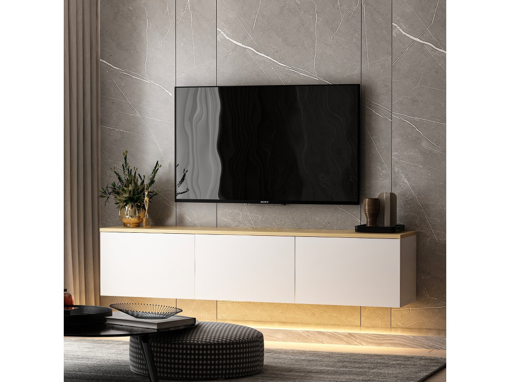 Podwieszany drewniany telewizor "Neon" z oświetleniem LED - 160 x 32 x 35 cm - Biały