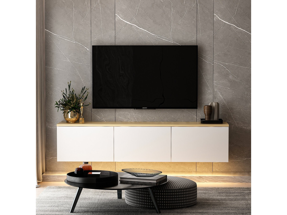 Podwieszany drewniany telewizor "Neon" z oświetleniem LED - 160 x 32 x 35 cm - Biały