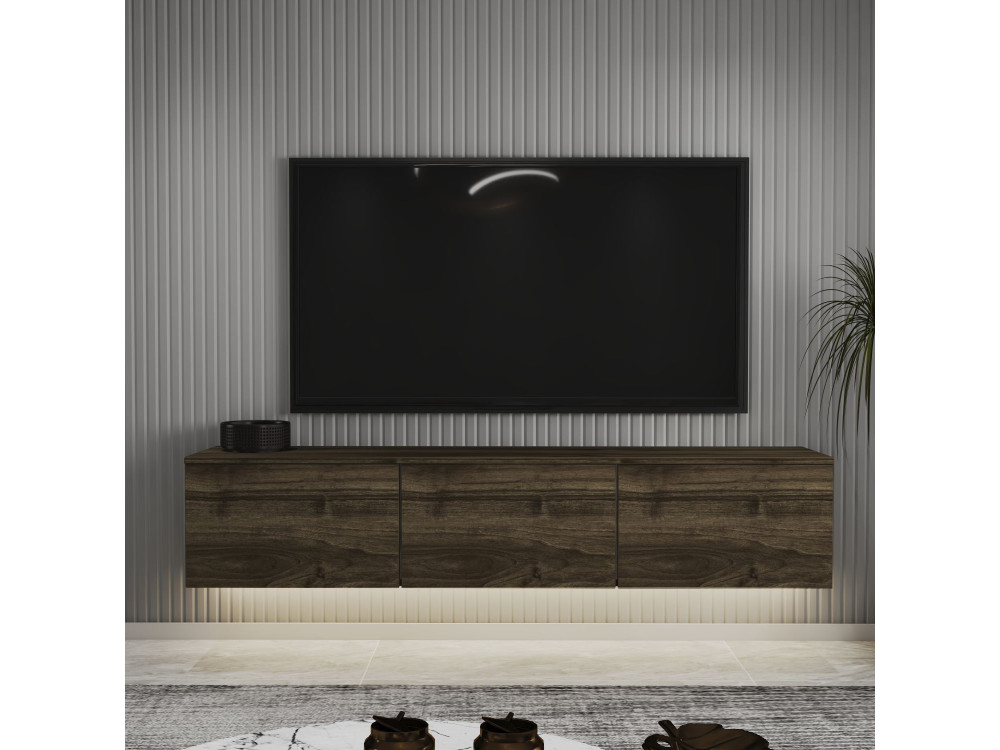 Podwieszany drewniany telewizor "Neon" z oświetleniem LED - 160 x 32 x 35 cm - Ciemny brąz