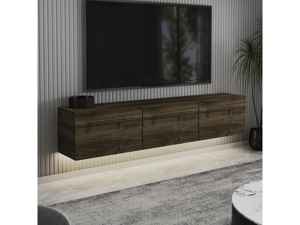 Podwieszany drewniany telewizor "Neon" z oświetleniem LED - 160 x 32 x 35 cm - Ciemny brąz