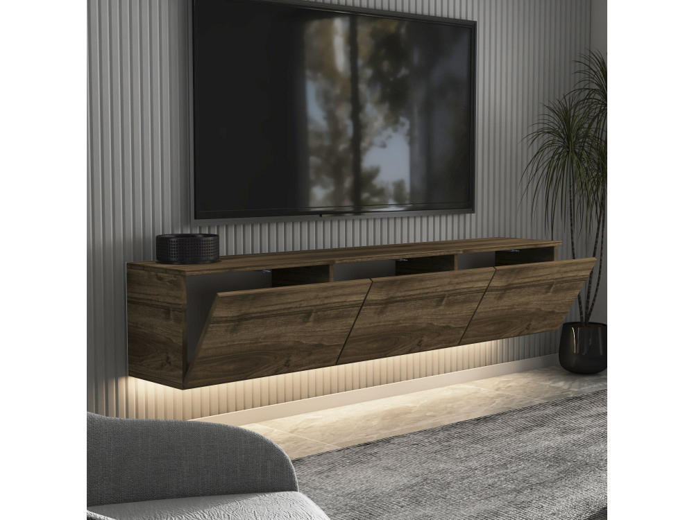 Podwieszany drewniany telewizor "Neon" z oświetleniem LED - 160 x 32 x 35 cm - Ciemny brąz