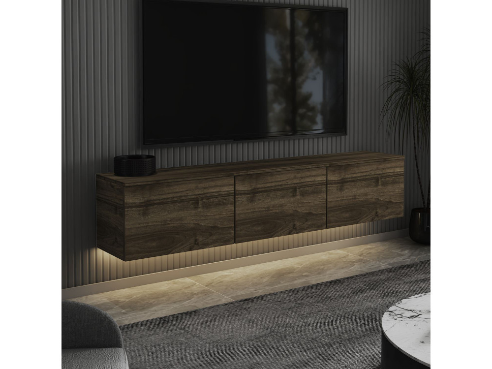 Podwieszany drewniany telewizor "Neon" z oświetleniem LED - 160 x 32 x 35 cm - Ciemny brąz