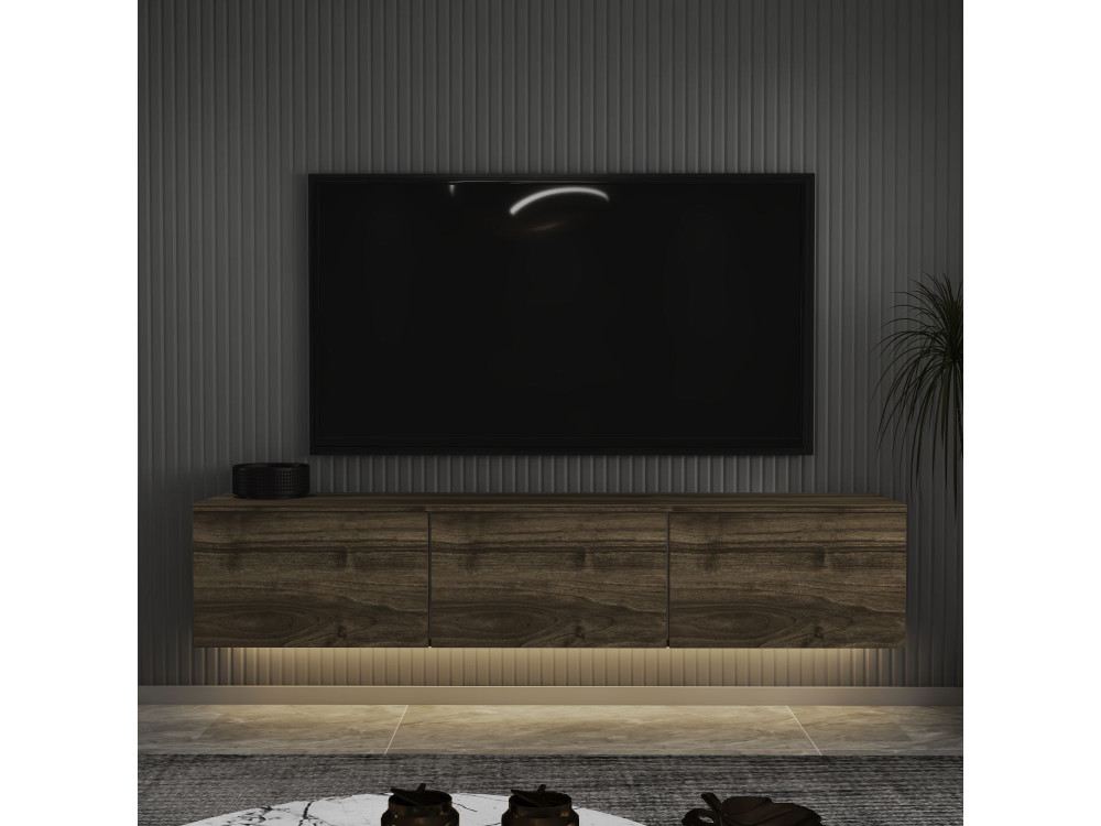 Podwieszany drewniany telewizor "Neon" z oświetleniem LED - 160 x 32 x 35 cm - Ciemny brąz
