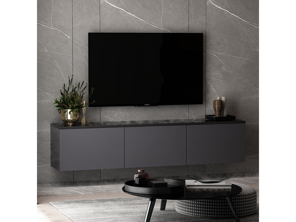 Podwieszany drewniany telewizor "Neon" z oświetleniem LED - 160 x 32 x 35 cm - Antracytowy szary