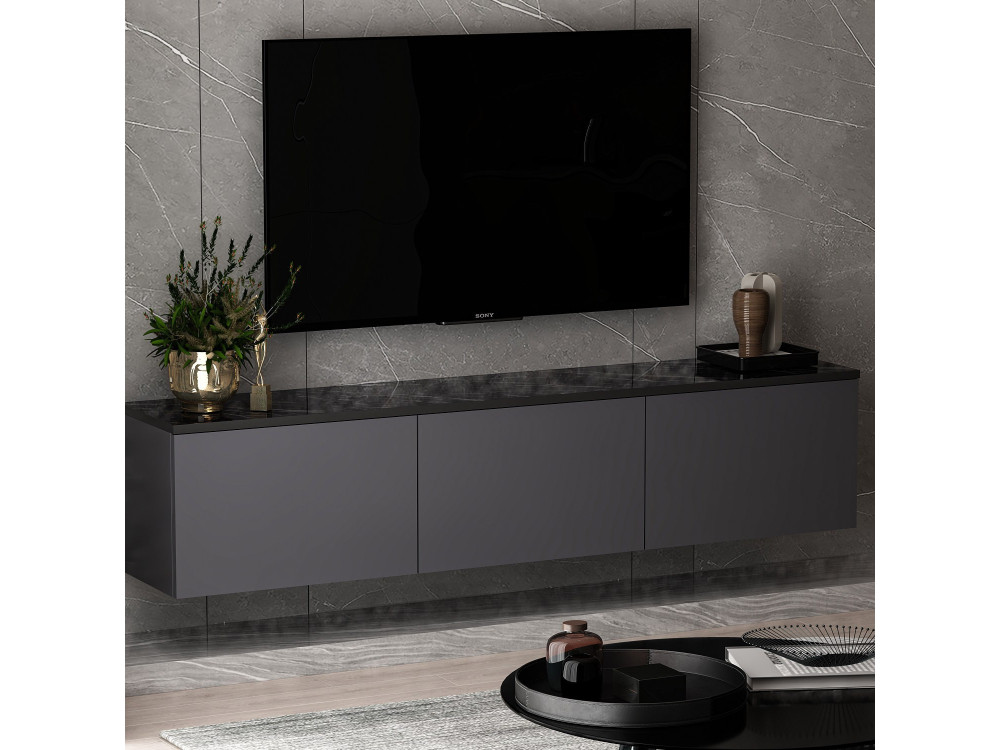 Podwieszany drewniany telewizor "Neon" z oświetleniem LED - 160 x 32 x 35 cm - Antracytowy szary