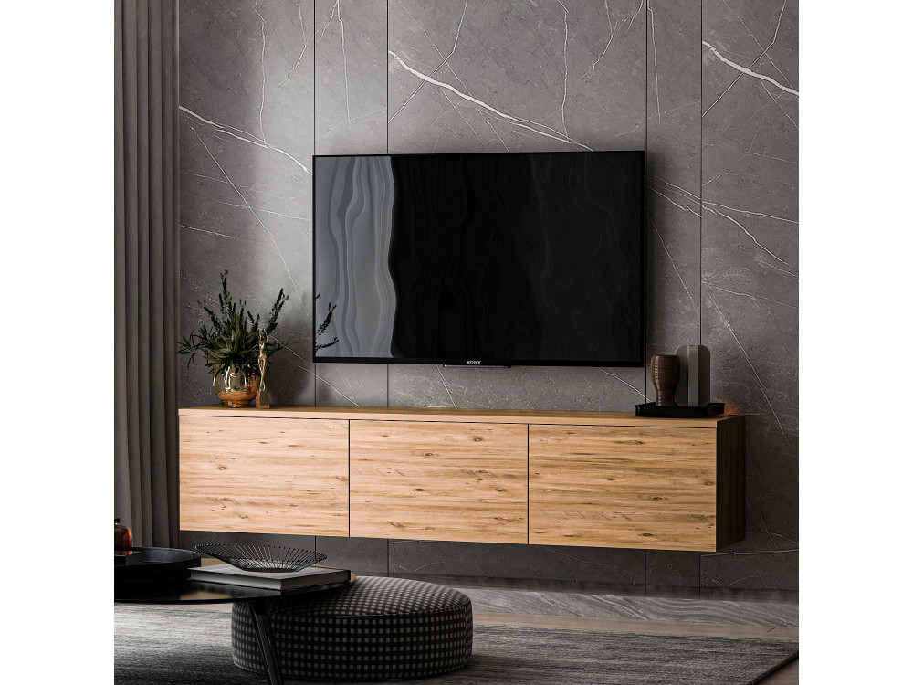 Podwieszany drewniany stojak TV "Neon" z oświetleniem LED - 160 x 32 x 35 cm - Jasnobrązowy