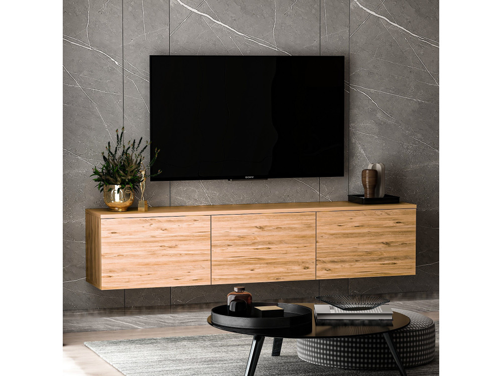 Podwieszany drewniany stojak TV "Neon" z oświetleniem LED - 160 x 32 x 35 cm - Jasnobrązowy