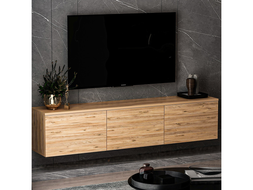 Podwieszany drewniany stojak TV "Neon" z oświetleniem LED - 160 x 32 x 35 cm - Jasnobrązowy