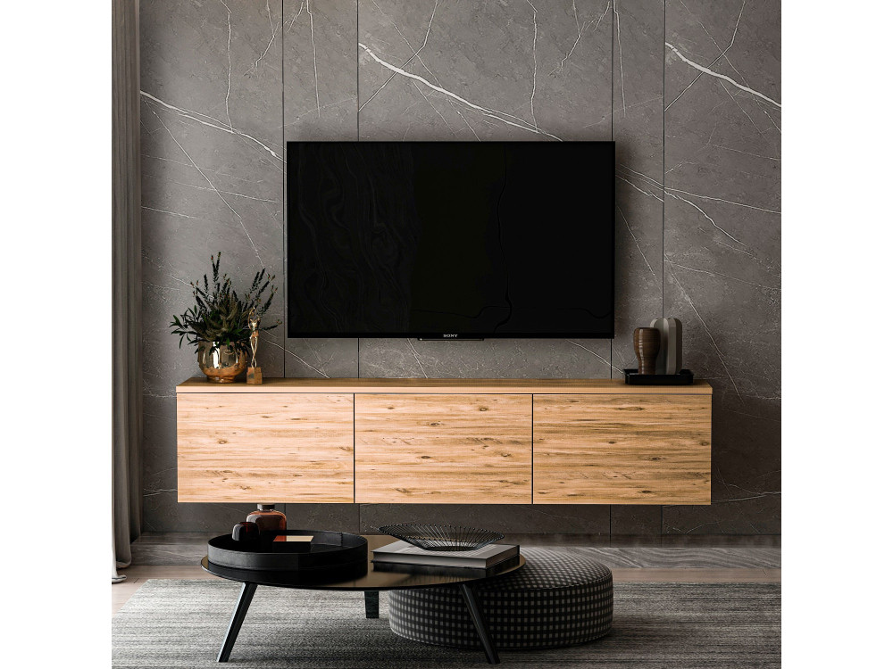 Podwieszany drewniany stojak TV "Neon" z oświetleniem LED - 160 x 32 x 35 cm - Jasnobrązowy