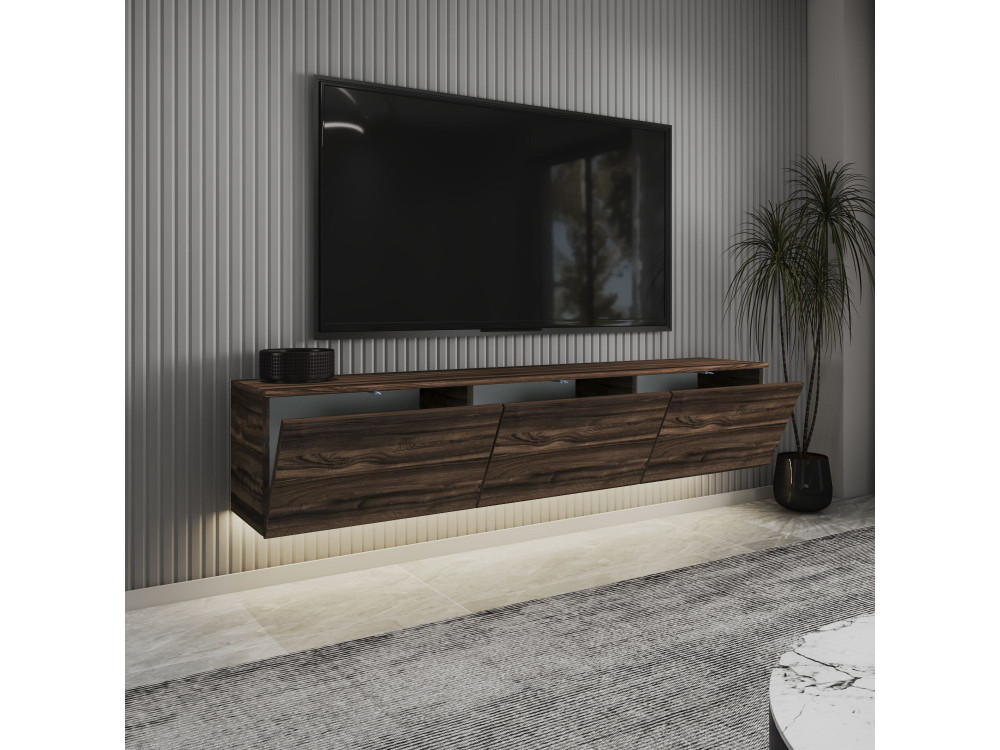 Podwieszany drewniany stojak TV "Neon" z oświetleniem LED - 160 x 32 x 35 cm - Brązowy