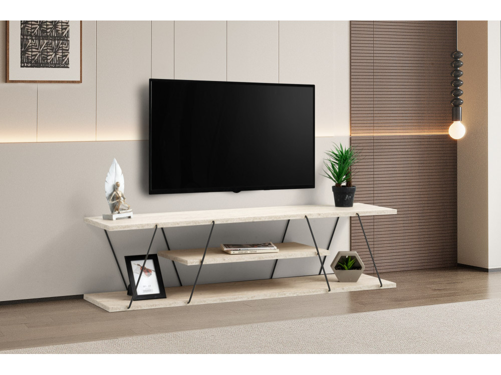 Drewniany stojak na telewizor "Canaz" - 120 x 30 x 33 cm - Beżowy