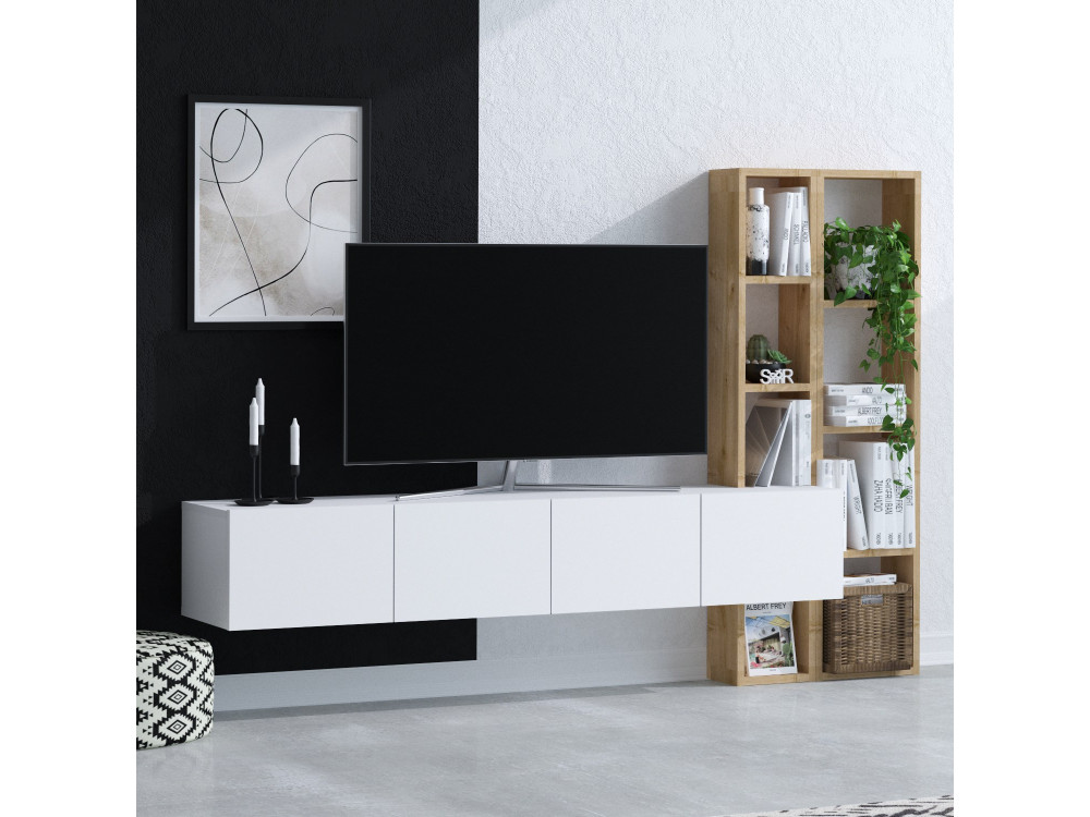 Drewniana podstawa pod telewizor "Pana" - 182 x 32 x 25 cm - Biały, Dąb