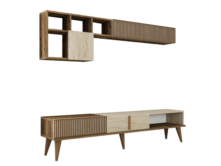 Drewniana podstawa pod telewizor "Milan" - 180 x 35 x 40 cm - Orzech, Trawertyn