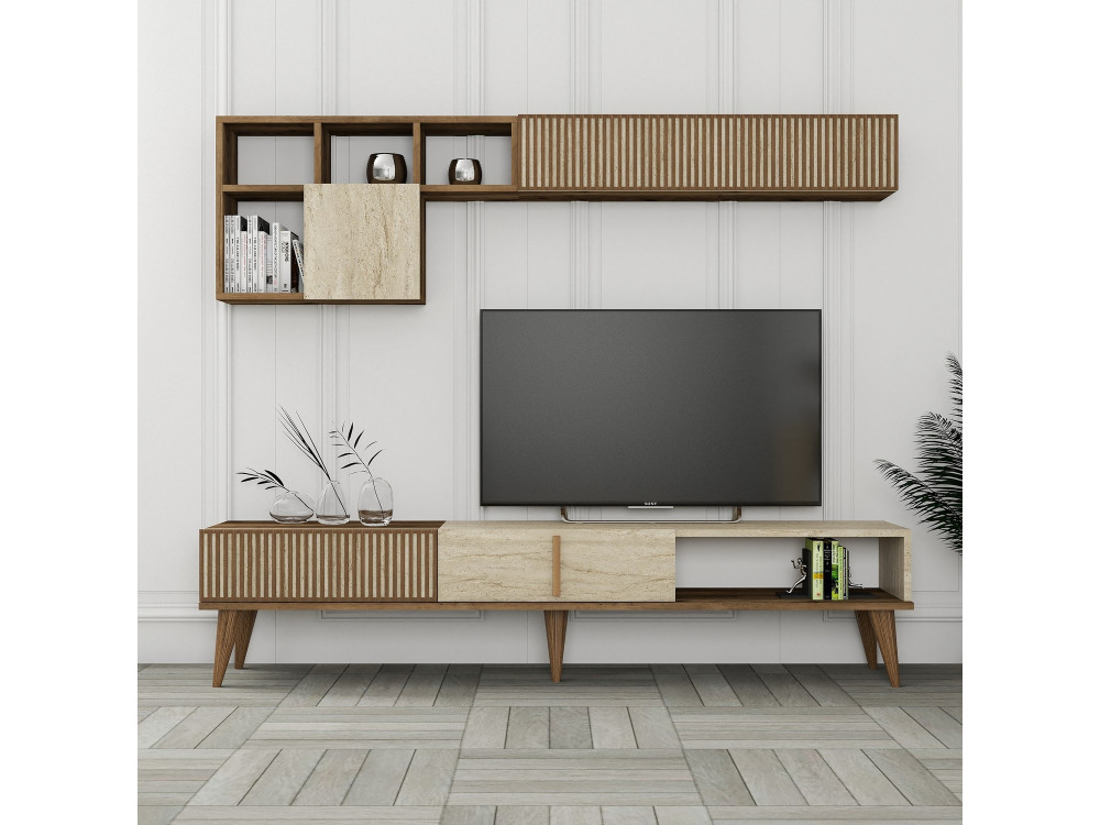 Drewniana podstawa pod telewizor "Milan" - 180 x 35 x 40 cm - Orzech, Trawertyn