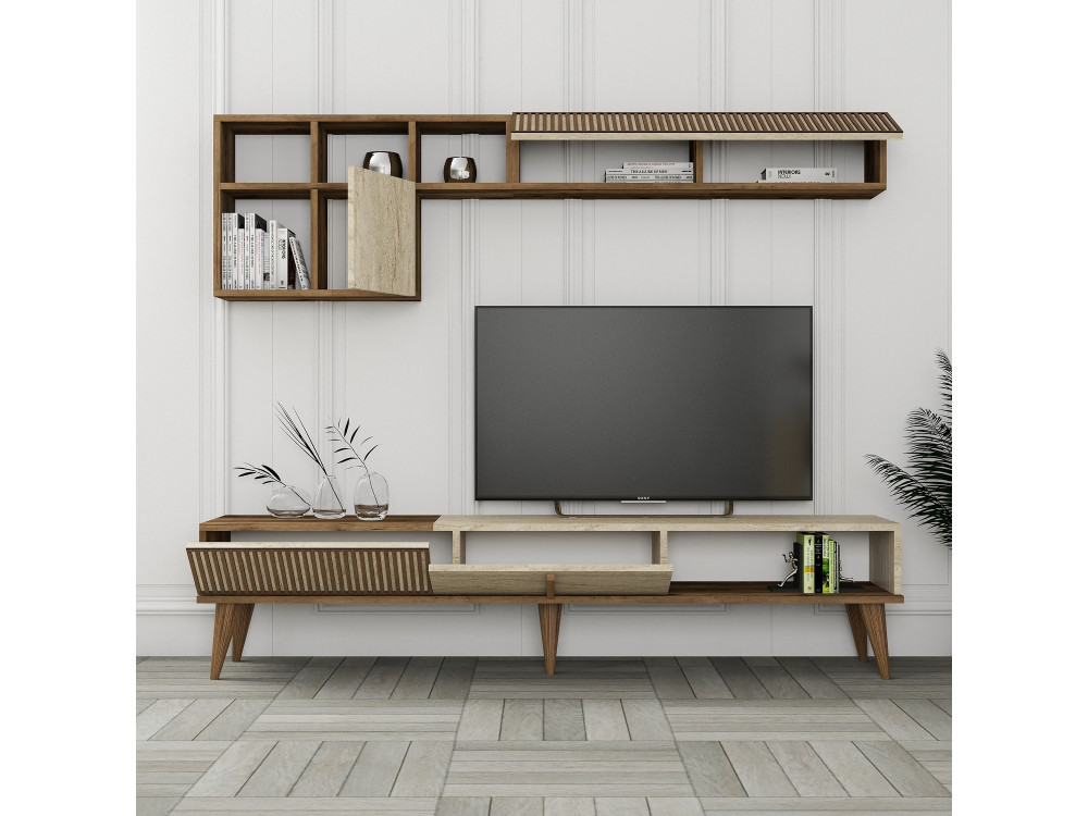 Drewniana podstawa pod telewizor "Milan" - 180 x 35 x 40 cm - Orzech, Trawertyn