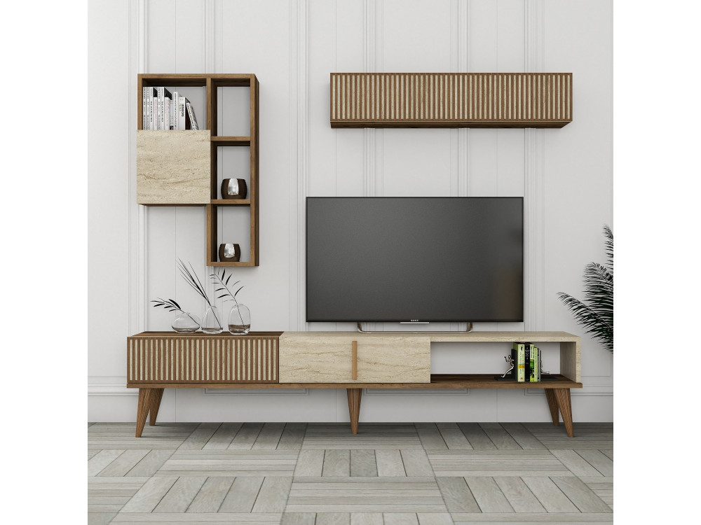 Drewniana podstawa pod telewizor "Milan" - 180 x 35 x 40 cm - Orzech, Trawertyn