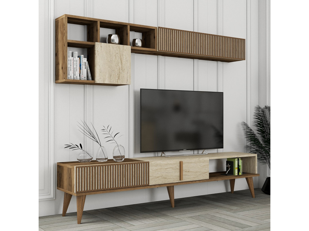 Drewniana podstawa pod telewizor "Milan" - 180 x 35 x 40 cm - Orzech, Trawertyn