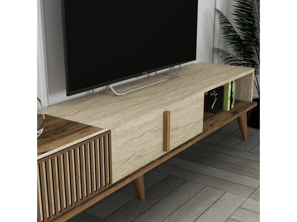 Drewniana podstawa pod telewizor "Milan" - 180 x 35 x 40 cm - Orzech, Trawertyn