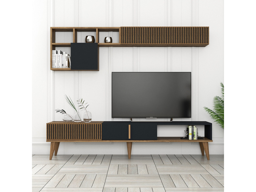 Drewniana podstawa pod telewizor "Milan" - 180 x 35 x 40 cm - Orzech, Antracyt