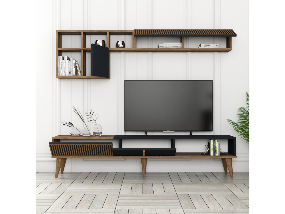 Drewniana podstawa pod telewizor "Milan" - 180 x 35 x 40 cm - Orzech, Antracyt