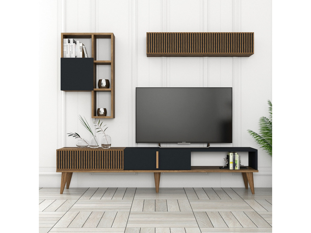 Drewniana podstawa pod telewizor "Milan" - 180 x 35 x 40 cm - Orzech, Antracyt