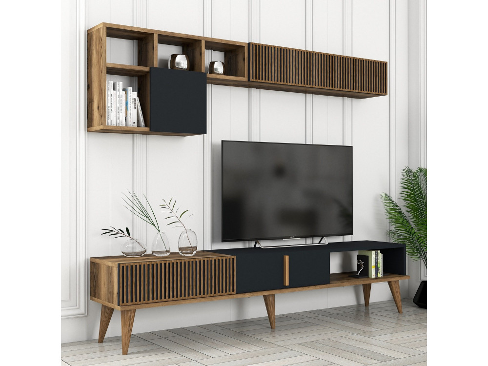 Drewniana podstawa pod telewizor "Milan" - 180 x 35 x 40 cm - Orzech, Antracyt