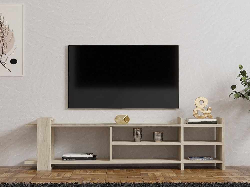 Drewniana podstawa pod telewizor "Zeyna" - 156 x 29 x 40 cm - trawertyn