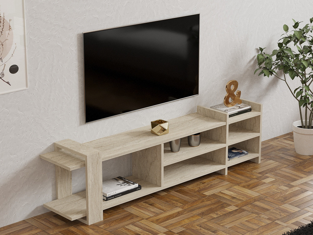 Drewniana podstawa pod telewizor "Zeyna" - 156 x 29 x 40 cm - trawertyn