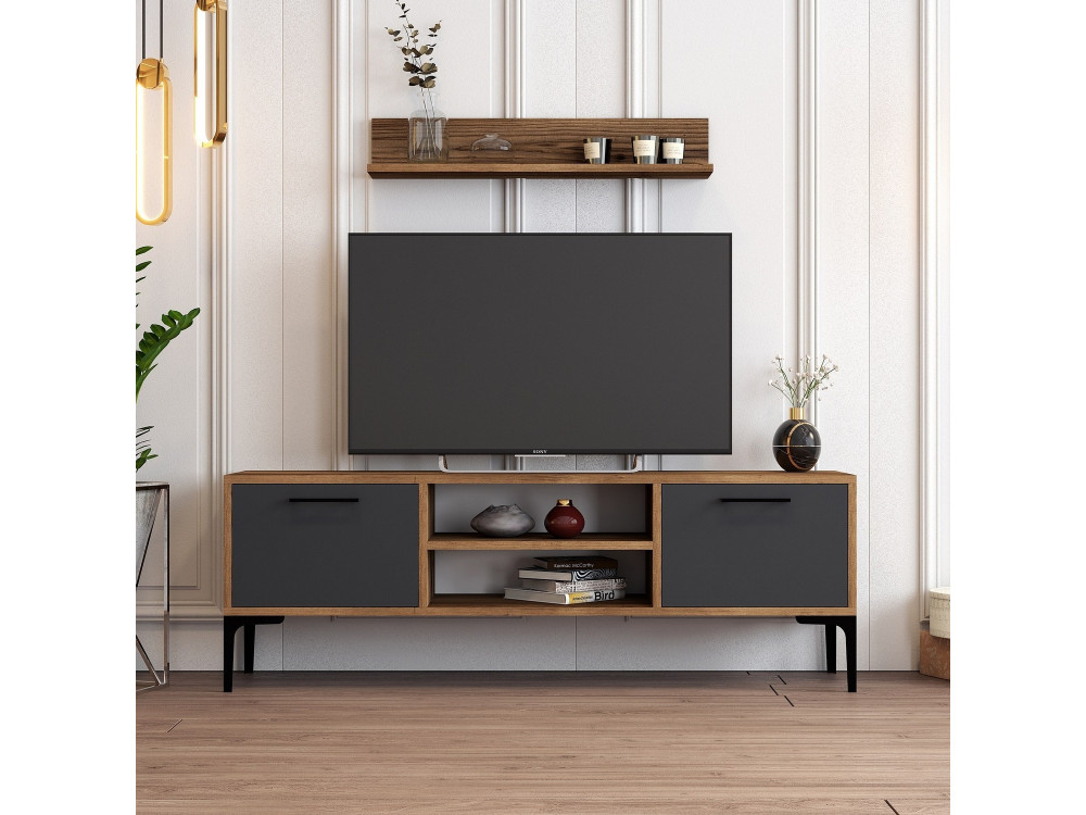 Drewniana podstawa pod telewizor "Riga" - 140 x 30 x 48 cm - Orzech-Antracyt
