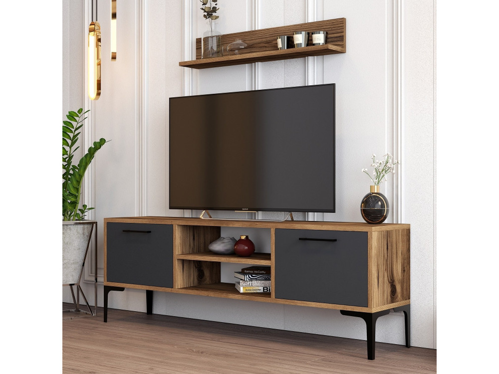 Drewniana podstawa pod telewizor "Riga" - 140 x 30 x 48 cm - Orzech-Antracyt
