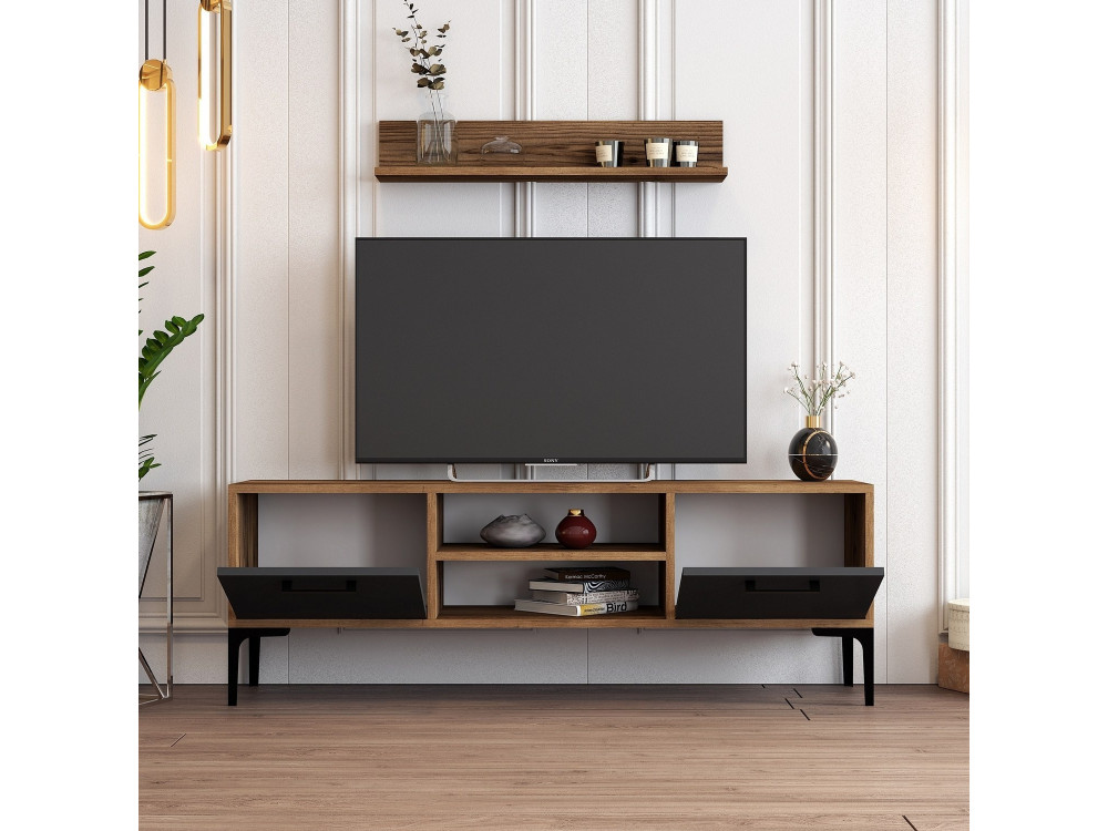Drewniana podstawa pod telewizor "Riga" - 140 x 30 x 48 cm - Orzech-Antracyt